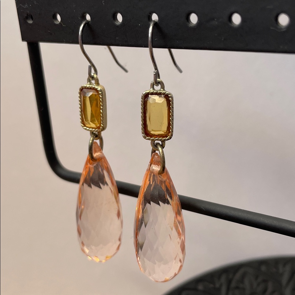 Champagne-colored crystal drop earrings with a two tiered design. 2” - Picture 2 of 3